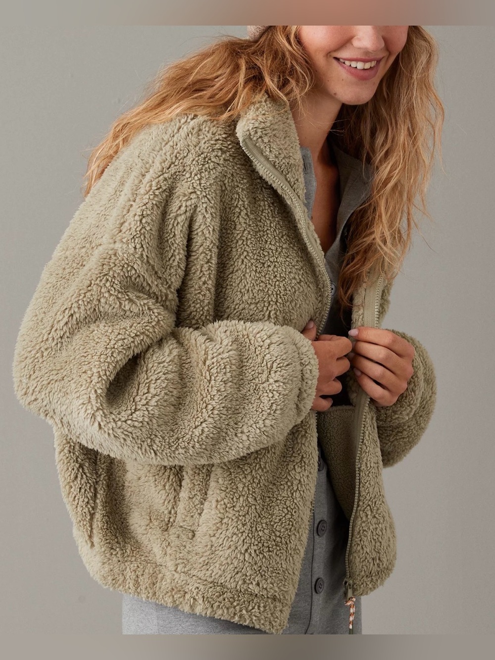 American Eagle Outfitters Green Full-Zip Sherpa Jacket